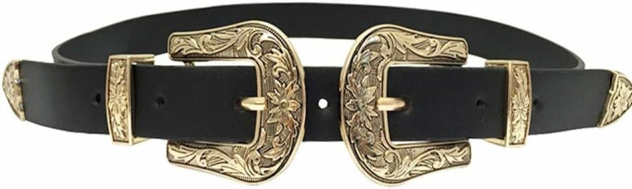 ALAIX Alaix Women'S Belt Western Vintage Style Genuine Leather Belt Two Buckles Waist Belts For Jeans Dress Pants Black | Belts