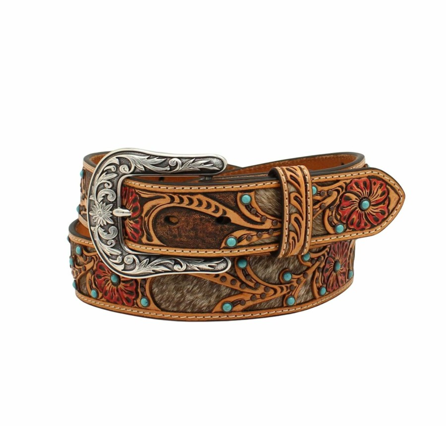 ARIAT Ariat Ladies Calf Hair Underlay Red Flower Belt, Tan, Small | Belts