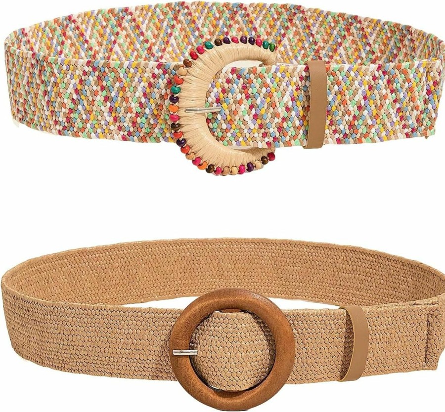 Verdusa Verdusa Women'S 2 Pack Buckle Elastic Straw Belts Boho Waist Belt | Belts