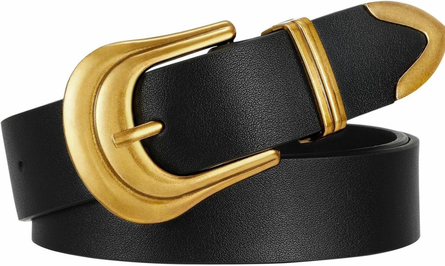 XZQTIVE Xzqtive Women'S Leather Belt Plus Size Ladies Western Belt Silver Gold Buckle Black Waist Belt For Jeans Pants Dresses | Belts