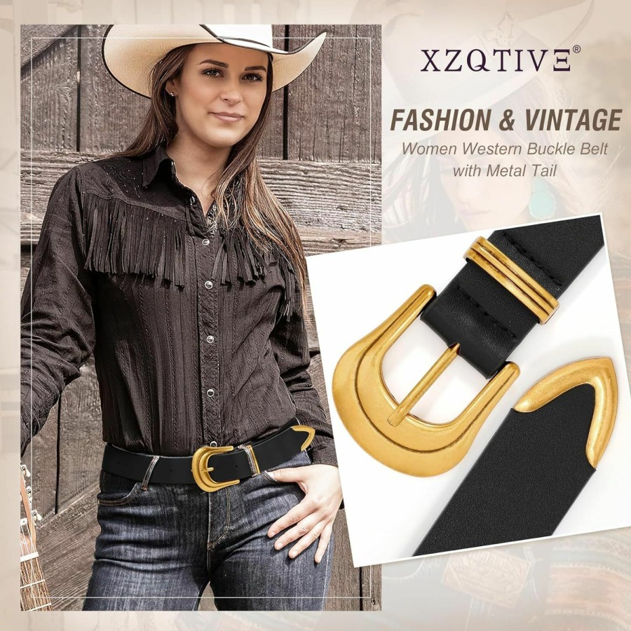 XZQTIVE Xzqtive Women'S Leather Belt Plus Size Ladies Western Belt Silver Gold Buckle Black Waist Belt For Jeans Pants Dresses | Belts