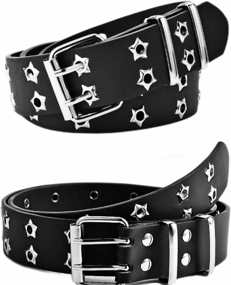 BSJIA Women Punk Belt Black Double Grommet Stars Adjustable Waist Belt With Chain Hip-Hop Style | Belts