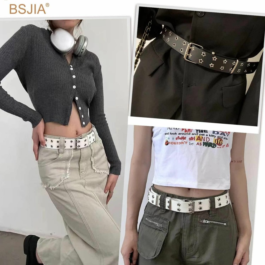 BSJIA Women Punk Belt Black Double Grommet Stars Adjustable Waist Belt With Chain Hip-Hop Style | Belts