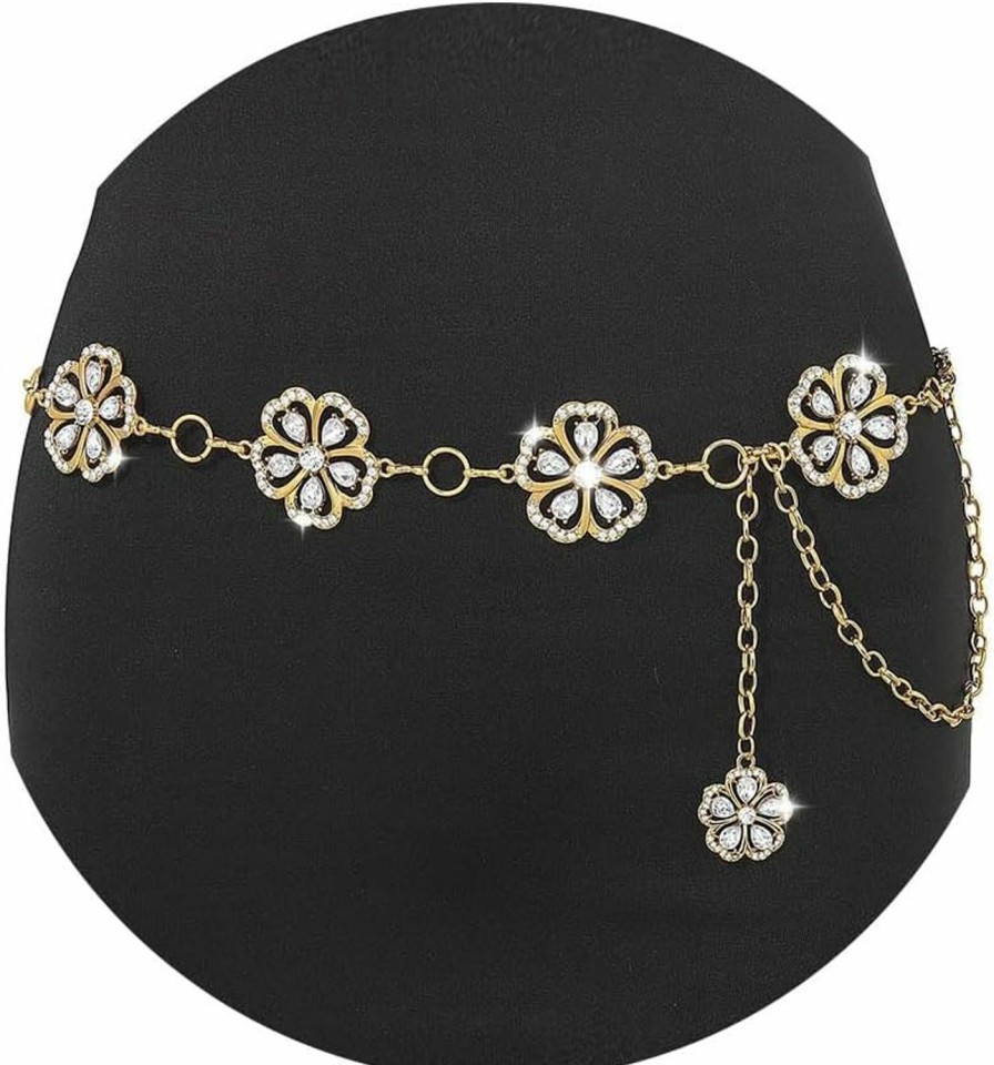 ELABEST Elabest Rhinestone Flower Chain Belt For Women Mental Waist Chain Sparkling Gold Silver Chain Belts For Dresses | Belts