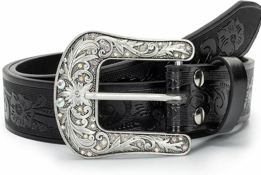 KorhLeoh Korhleoh Women'S Vintage-Western-Cowboy-Belt With Rhinestone-Buckle, Floral Engraved Cowgirl Belt Waist Strap For Jeans | Belts