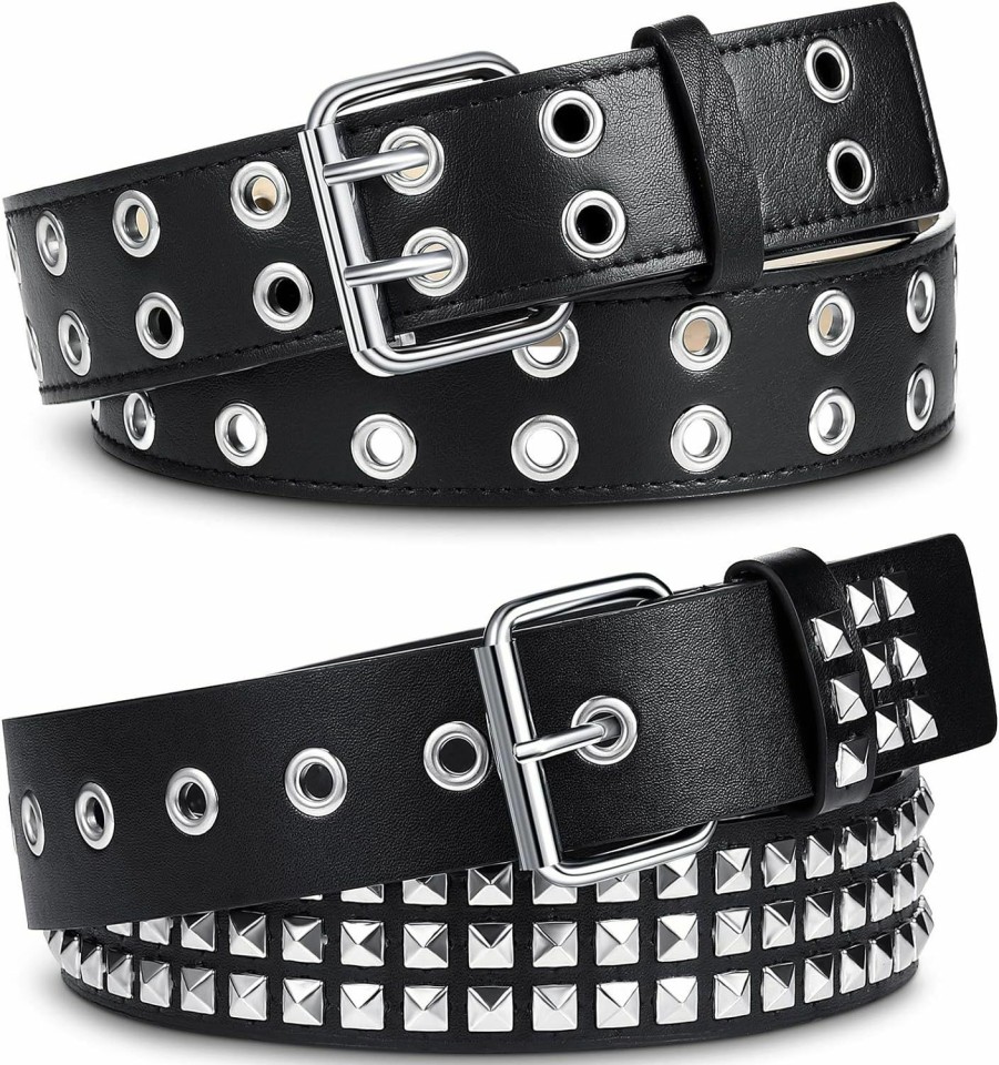 Syhood 2 Pcs Rivet Studded Punk Belt Double Grommet Belt Gothic Belt For Women Men Gift | Belts