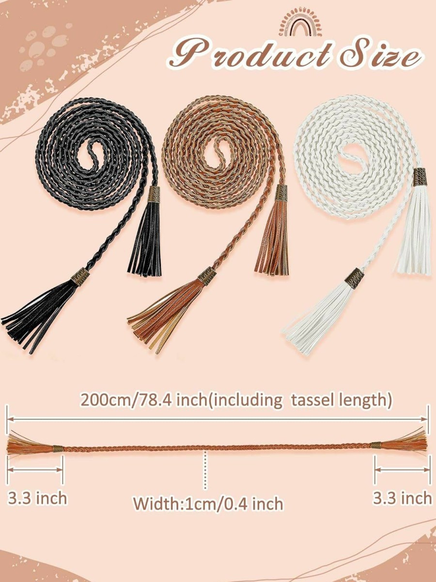 SATINIOR Satinior 5 Pieces Women'S Tassel Braided Waist Belt Skinny Chain Belts Pu Leather Braided Dress Belts Woven Rope Belts Skirt Dress, Christmas Party, Black, White, Beige, Camel And Brown, Different | Belts