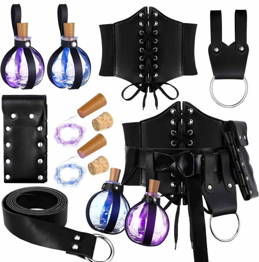 Ramede Ramede 8 Pcs Halloween Accessories Pu Leather Ring Belt Witch Wizard Waist Belt Corset Cork Potion Bottle With Led Lights Medieval Belt Pouch Retro Cosplay Accessories For Women (Black) | Belts