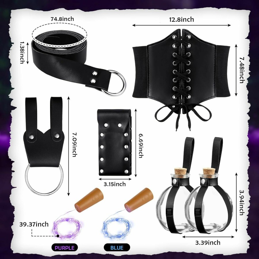 Ramede Ramede 8 Pcs Halloween Accessories Pu Leather Ring Belt Witch Wizard Waist Belt Corset Cork Potion Bottle With Led Lights Medieval Belt Pouch Retro Cosplay Accessories For Women (Black) | Belts