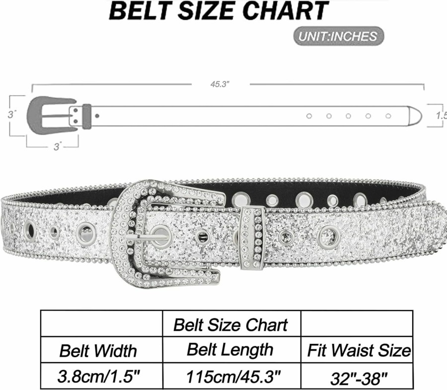 NociHah Nocihah Silver Rhinestone Belt Western Cowgirl Cowboy Belts Vintage Bling Crystal Diamond Studded Leather Belt For Jean Pants | Belts