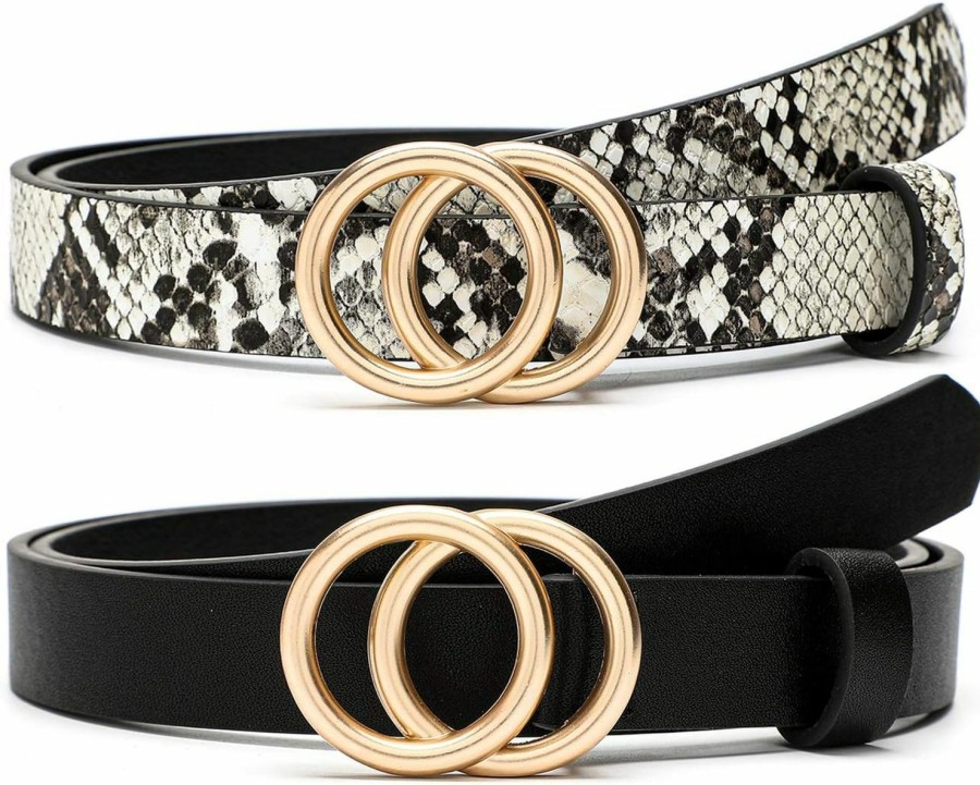 MORELESS 2 Pack Thin Belts For Women Jeans Dress Skinny Waist Belt With Gold Buckle | Belts