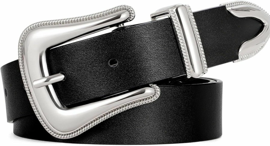 JASGOOD Jasgood Women'S Western Belt Vintage Black Leather Waist Belt For Pants Jeans With Gold Buckle | Belts