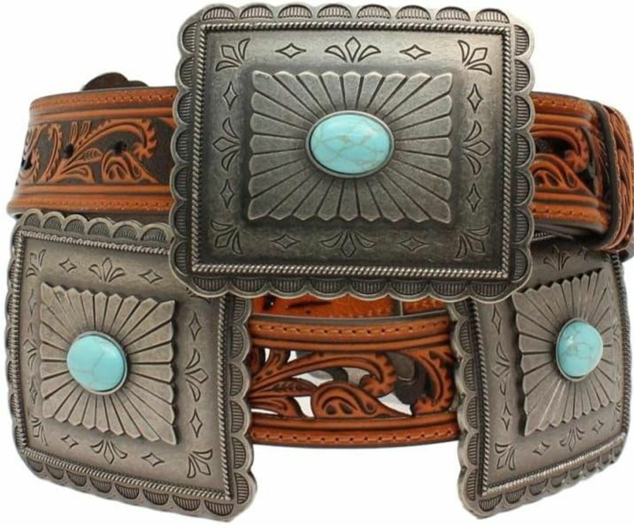 M&F Western M&F Western Ariat Women'S Turquoise Concho Belt, Tan, Pierced Strap With Large Rectangle Conchos | Belts