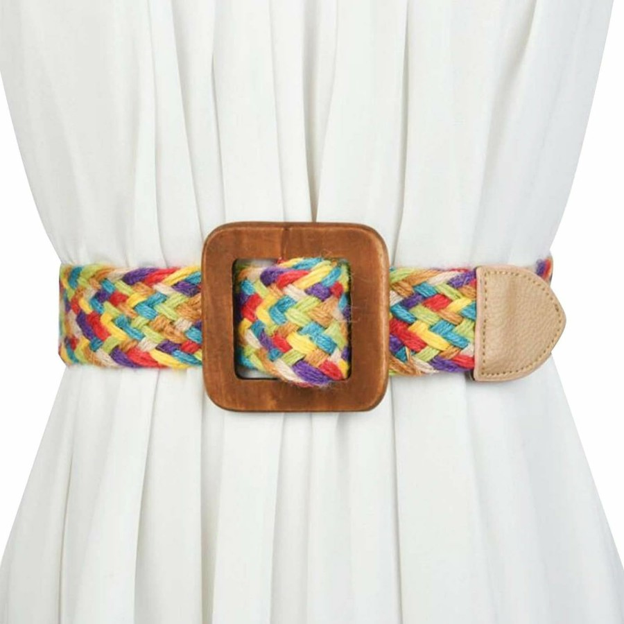 uniquetotop Uniquetotop Womens Linen Woven Waist Belts Boho Vintage Ladies Braided Wooden Style Buckle Elastic Stretch Waist Dress Band Skinny Dress Belt, Colorful, One Size | Belts