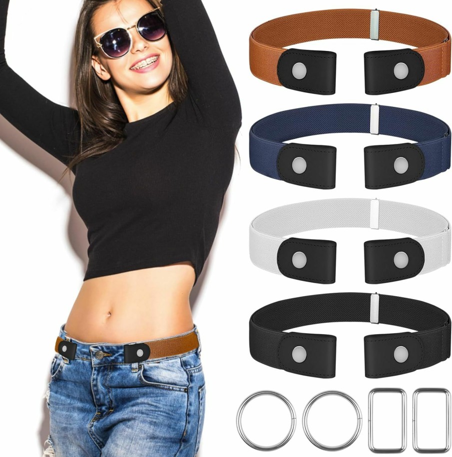 YinEpand 【4 Pcs】No Buckle Stretch Belt For Women And Men Elastic Waist Belt Invisible Belts For Jeans Pants | Belts