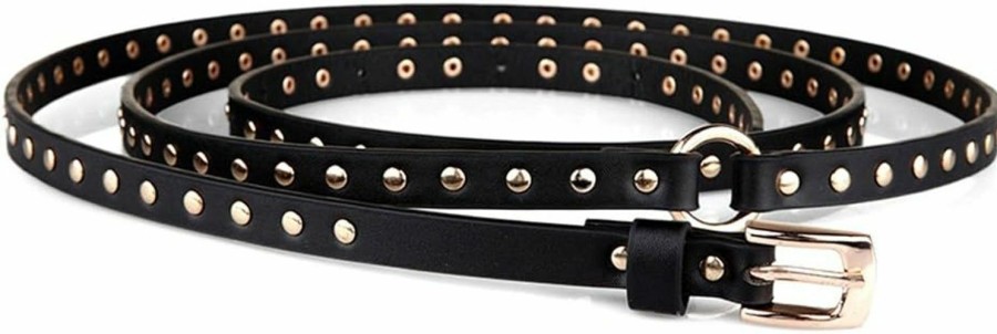 MoYoTo Women'S Fashion Black Double Punk Thin Studded Genuine Leather Jean Belt | Belts