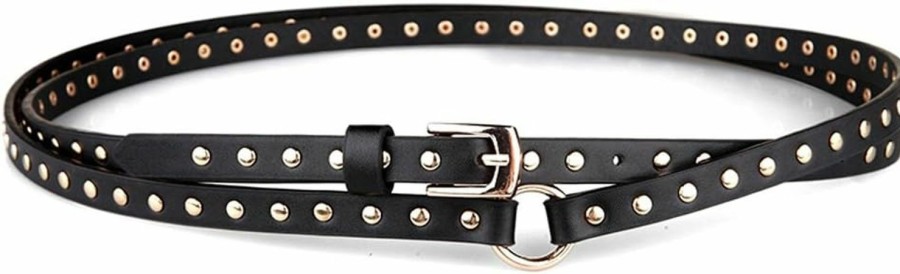 MoYoTo Women'S Fashion Black Double Punk Thin Studded Genuine Leather Jean Belt | Belts