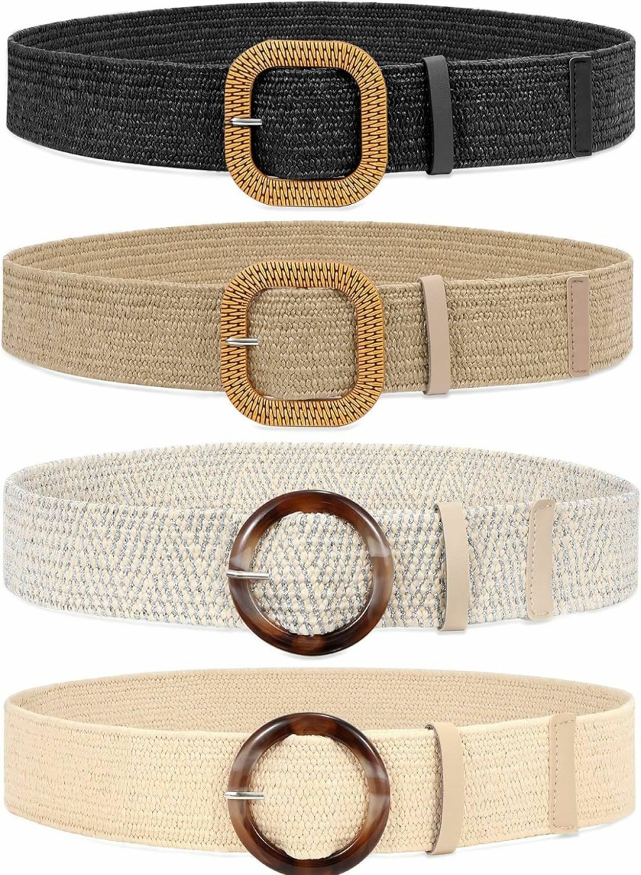 WHIPPY Whippy Set Of 3/4 Straw Woven Elastic Stretch Waist Belts For Women, Fashion Boho Ladies Braided Skinny Dress Belt | Belts