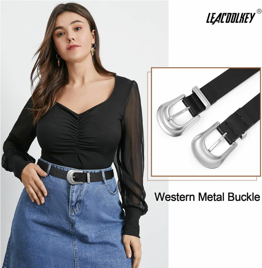 LEACOOLKEY Leacoolkey Women Western Belt Fashion Leather Belt With Gold Buckle For Jeans Pants | Belts