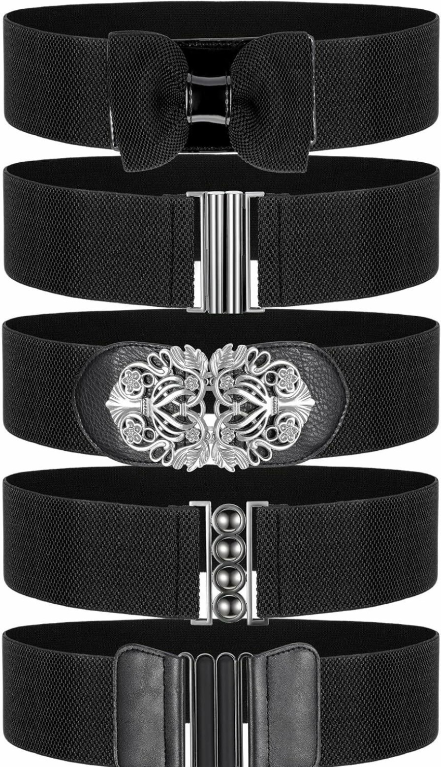 SATINIOR Satinior 5 Pieces Women Vintage Waist Belt Elastic Stretch Retro Cinch Belt Wide Dress Belts Corset Waistband With Buckle For Jeans Pants Dresses,Black | Belts