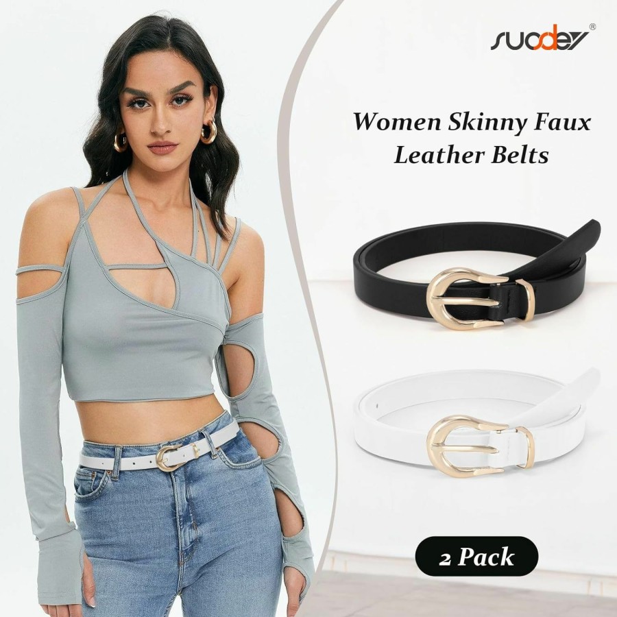 SUOSDEY Suosdey 2 Pack Women Skinny Belt Thin Waist Belt With Fashion Gold Buckle For Pants Jeans Dresses | Belts