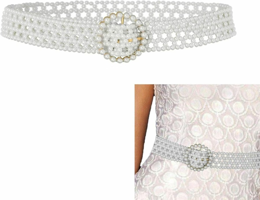 Cowking Cowking Pearl Waist Belt White Beaded Wide Waistband Pearl Pin Buckle Belt Bridal Wedding Accessories For Women And Girls | Belts