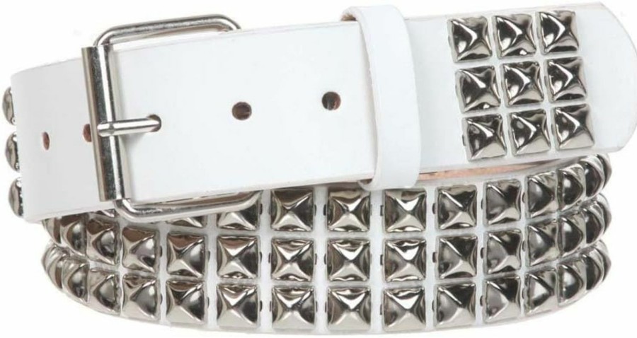 beltiscool 1 3/4" Snap On Three Row Punk Rock Star Metal Silver Studded Solid Leather Belt | Belts