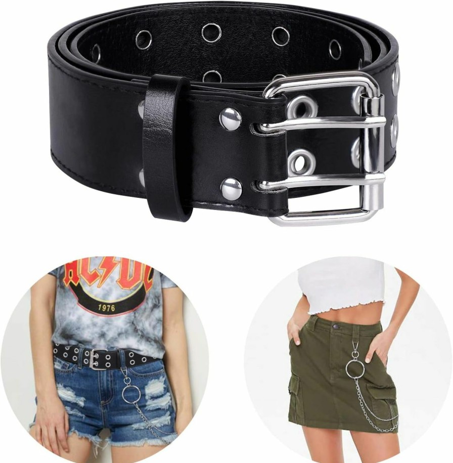 WHIPPY Whippy Double Grommet Belt For Women Men Pu Leather Double Prong Buckle Vintage Punk Rock Jeans Belts | Belts