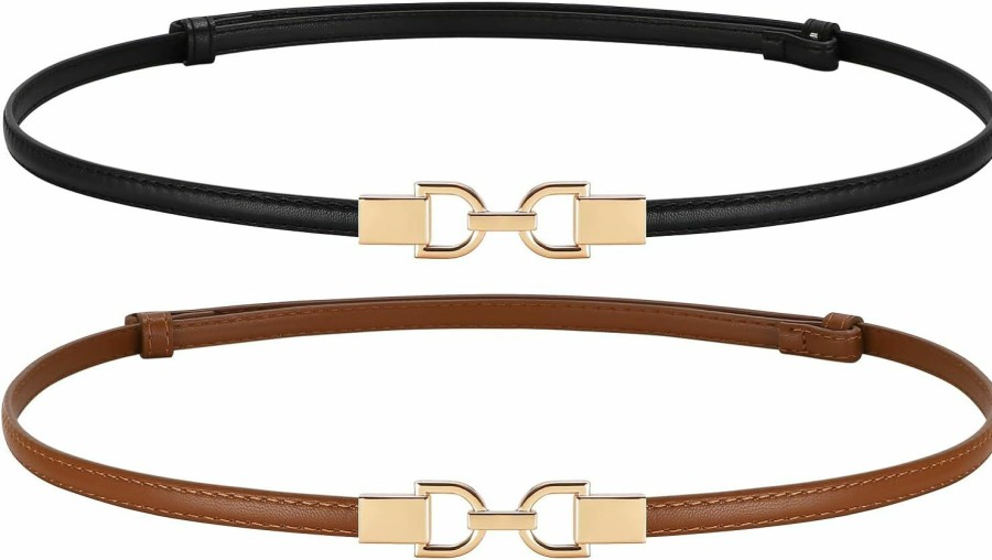 SUOSDEY Suosdey 2 Pack Women Leather Skinny Belt For Dress Jeans Adjustable Thin Waist Belt With Gold Buckle | Belts