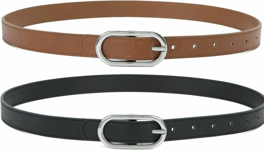 WANTESS 2 Pack Women Belts For Jeans Skinny Leather Belt With Fashion Silver Pin Buckle | Belts