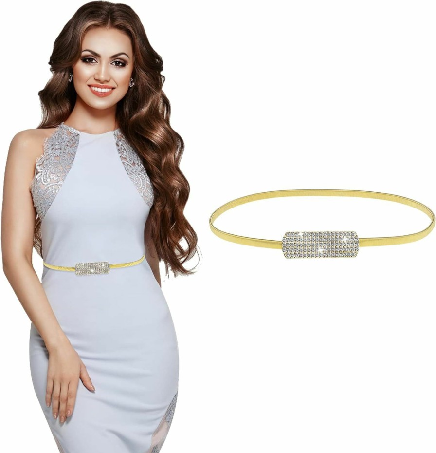 cobee Cobee Women Skinny Metal Waist Belt, Metal Chain Stretch Elastic Waistband, Fashion Rhinestone Dress Belts For Bridal Dressy | Belts