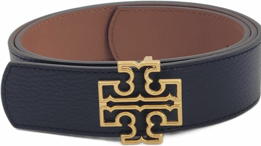 Tory Burch Tory Burch 141742 Britten Logo Black/Classic Tan With Gold Hardware 1.5 Inch Width Reversible Women'S Belt | Belts