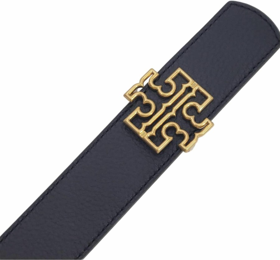 Tory Burch Tory Burch 141742 Britten Logo Black/Classic Tan With Gold Hardware 1.5 Inch Width Reversible Women'S Belt | Belts