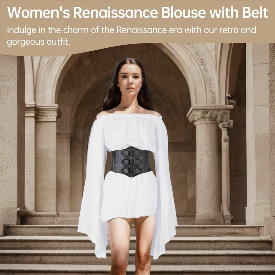 COYLINK Coylink Womens Renaissance Blouse With Belt, Off-Shoulder Long Bell Sleeve Shirt, Retro Smock With Pu Leather Waist Belt White | Belts