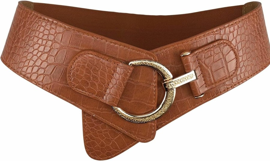 JOYMIN Women'S Fashion Vintage Wide Elastic Stretch Waist Belt With Interlock Buckle Crocodile Embossed Classic Leather Belt | Belts