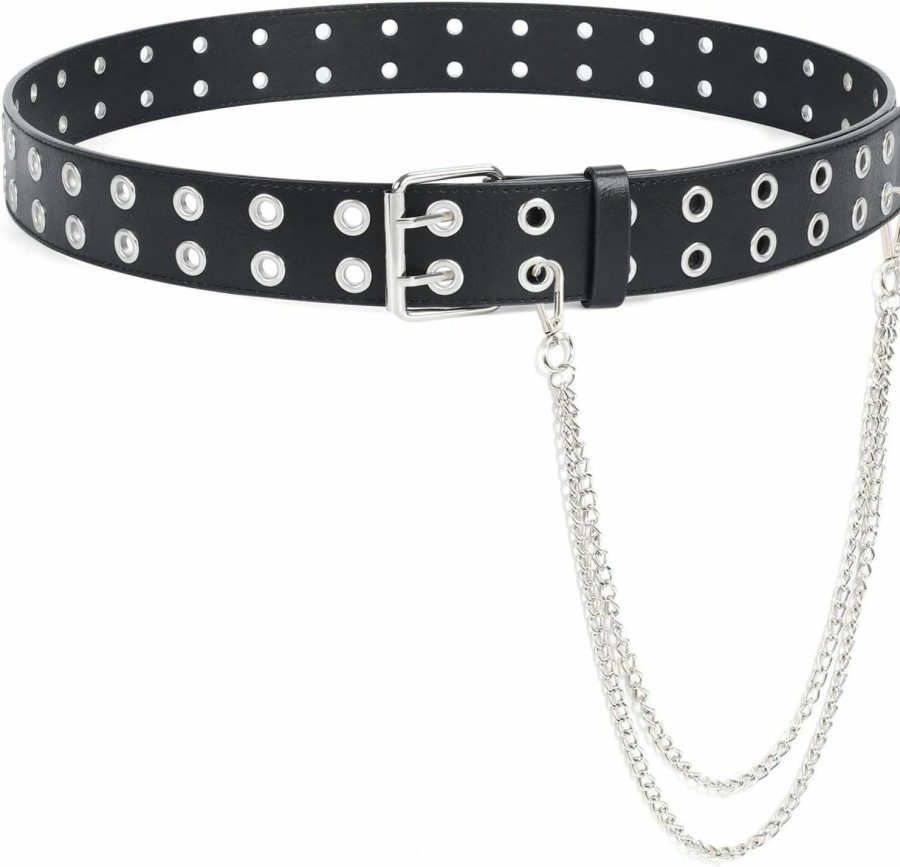 SUOSDEY Suosdey Double Grommet Leather Belt With Detachable Chain For Women Men,Punk Black Belt With Double Studded Holes For Jeans | Belts