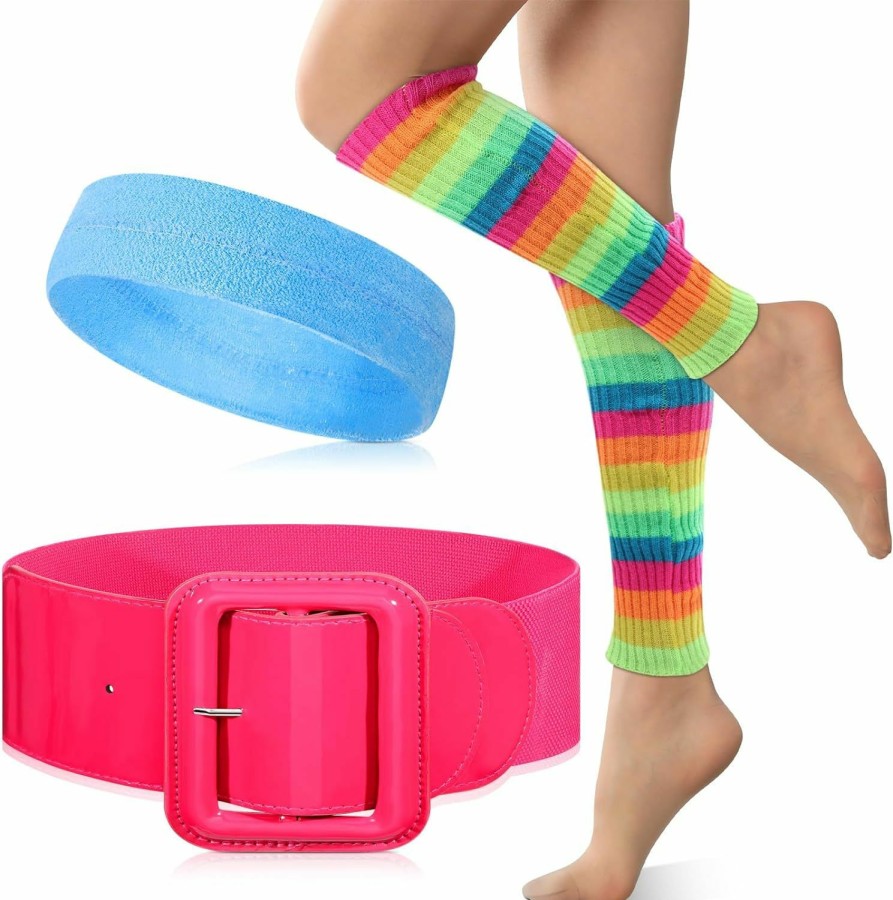 Amazon 80S Workout Costume Halloween Neon Outfit Accessories Set Rainbow Leg Warmers Pink Belt Blue Sweatband For Women Girls | Belts