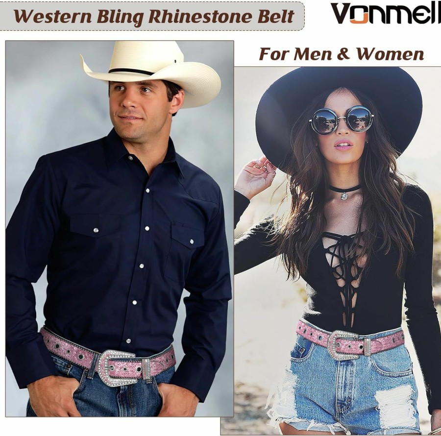 VONMELLI Vonmelli Rhinestone Western Belt For Men Women Cowgirl Cowboy Leather Bling Belt For Jeans Pants | Belts