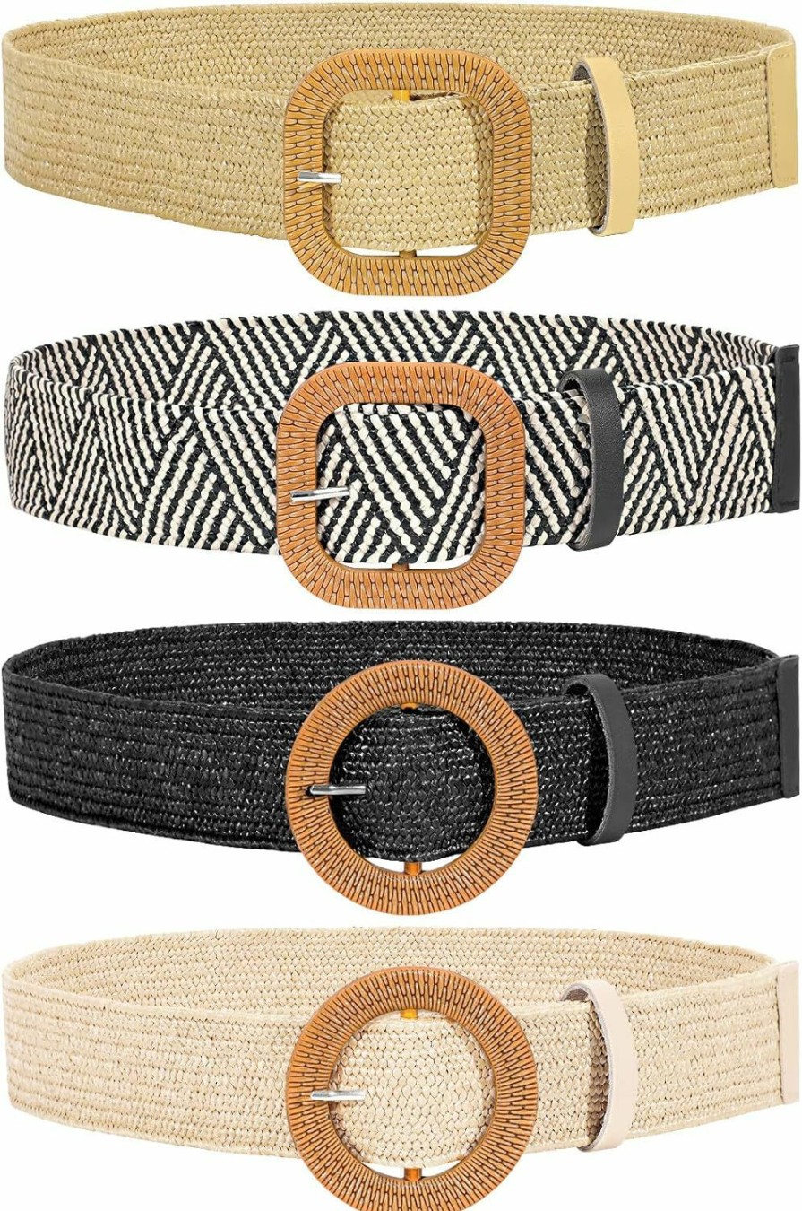 JASGOOD Jasgood Straw Woven Elastic Stretch Belts Women, Wide Boho Braided Dress Belts With Wooden Style Buckle | Belts