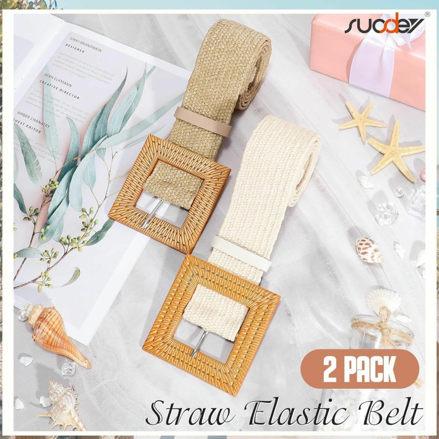 SUOSDEY Suosdey 2 Pack Straw Woven Elastic Belt Braided Stretch Wide Belt For Women Dress | Belts