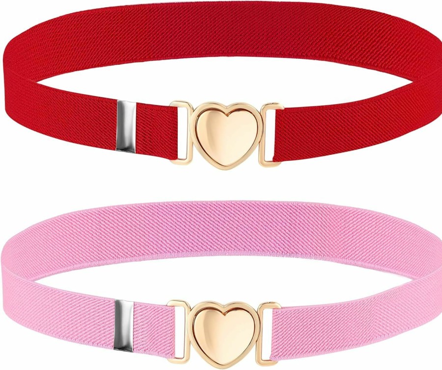 Teaaha Teaaha 2 Pcs Girls Belt, Womens Elastic Belt, Little Girl Belts, Metal Adjustable Belts Love Heart Kids Stretch Belt Elastic Heart Shape Girl Belt For Valentine'S Day, Party, Birthday (Red,Pink) | Belts