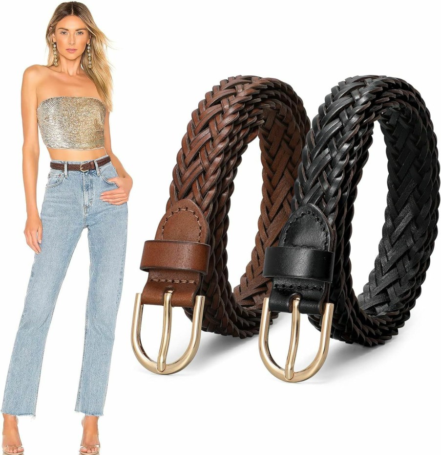 JASGOOD Jasgood 2 Pack Women Skinny Leather Belts Thin Braided Leather Belts Casual Woven Waist Belt For Jeans Pants Dresses | Belts