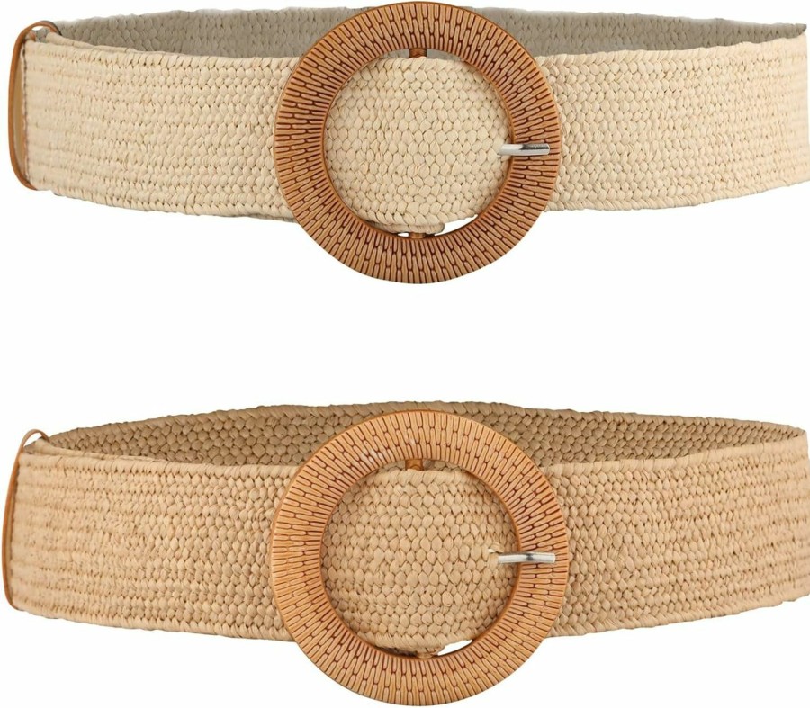 LUTER 2Pcs Braided Waist Belts For Dresses Women, Straw Elastic Waist Belts Summer Beach Dress Belts Ladies Braided Wooden Buckle Wide Waist Belts For Women Dresses (White, Light Tan) | Belts