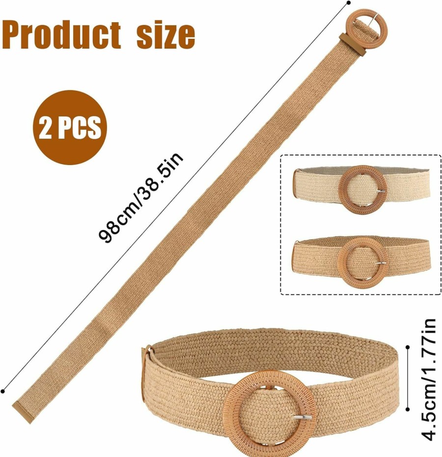 LUTER 2Pcs Braided Waist Belts For Dresses Women, Straw Elastic Waist Belts Summer Beach Dress Belts Ladies Braided Wooden Buckle Wide Waist Belts For Women Dresses (White, Light Tan) | Belts