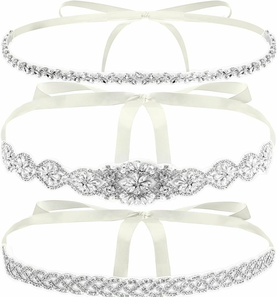 Hiceeden Hiceeden 3 Pieces Rhinestone Bridal Belt, Silver Crystal Bridal Sash With White Ribbon Wedding Dresses Belt For Women, Bride, Bridesmaids, Gown, Party, Prom | Belts