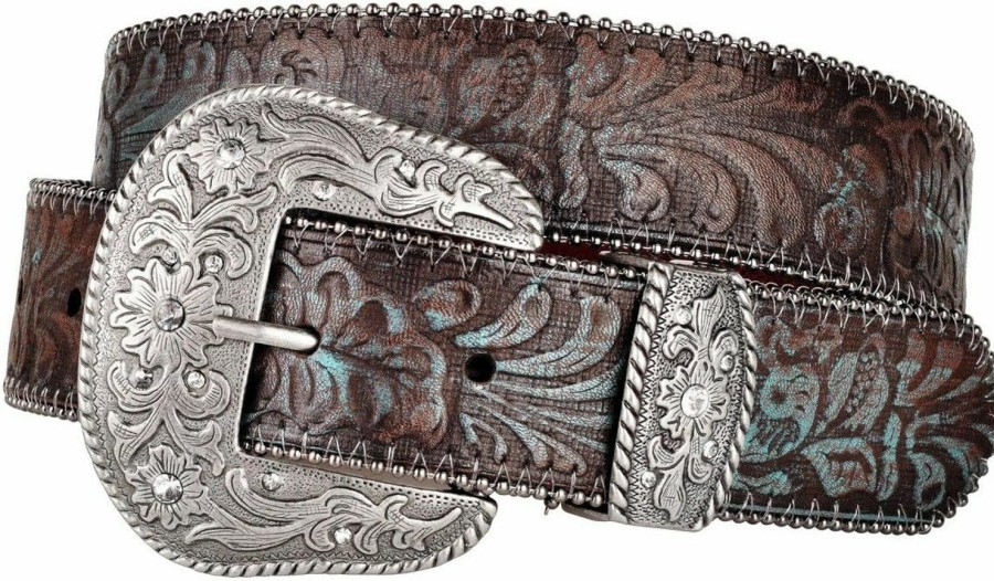 BC Belts Western Scroll Buckle With Turquoise Tinted Embossed Brown Leather Belt | Belts