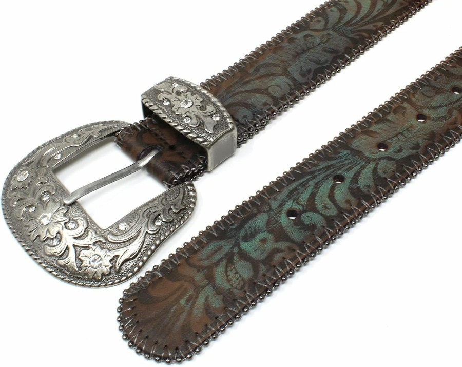 BC Belts Western Scroll Buckle With Turquoise Tinted Embossed Brown Leather Belt | Belts