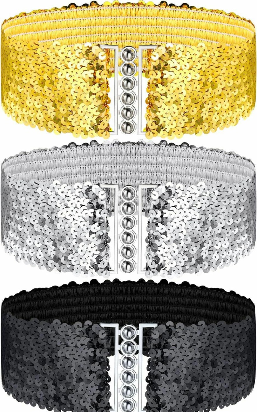 SATINIOR Satinior 3 Pieces Sequin Belt For 70S 80S Costume Party, Disco Party Costume Wide Waist Elastic Cinch Belt Cheerleader Stretchy Belt For Women Girl Metal Buckle Glitter (Gold Silver Black) | Belts