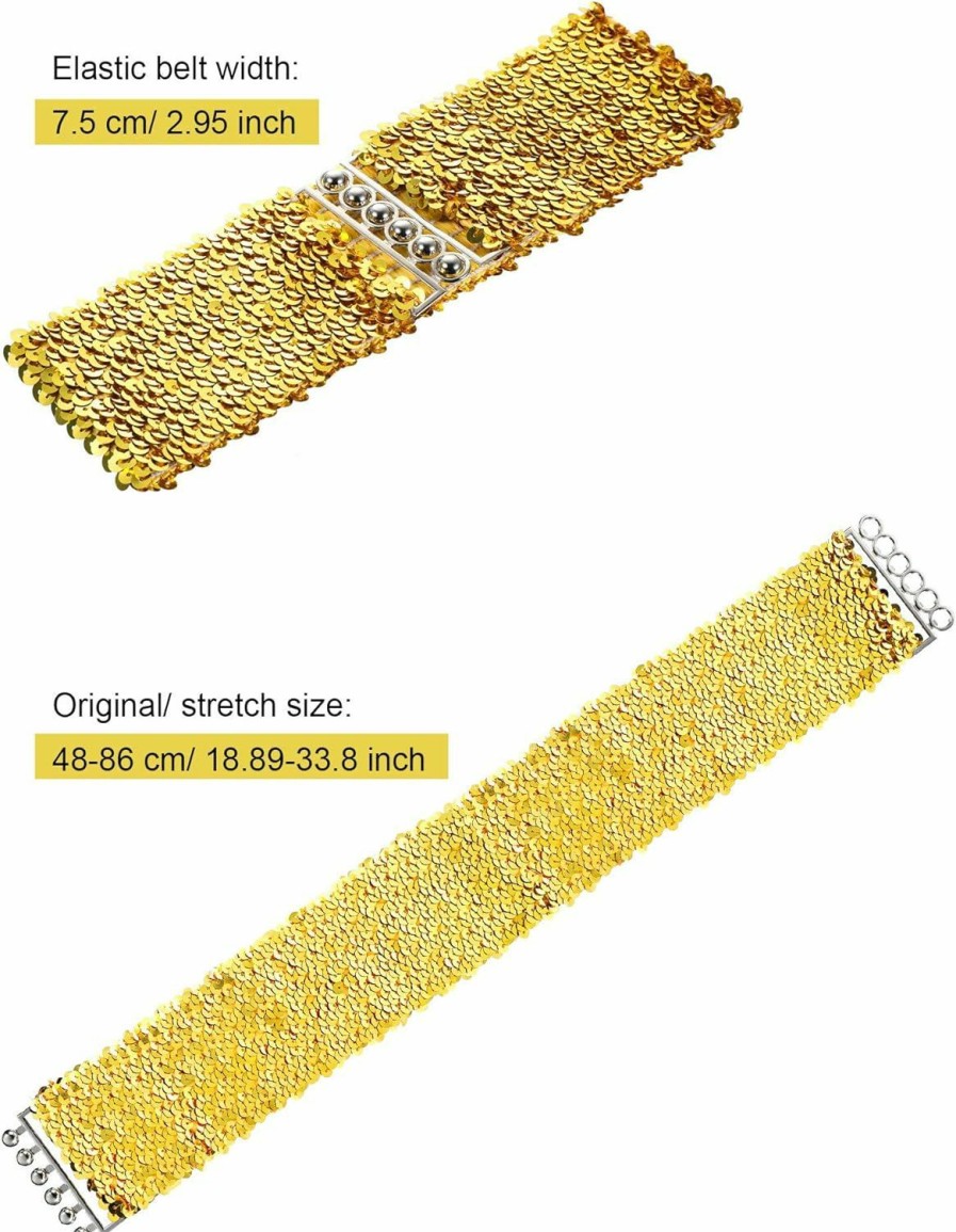 SATINIOR Satinior 3 Pieces Sequin Belt For 70S 80S Costume Party, Disco Party Costume Wide Waist Elastic Cinch Belt Cheerleader Stretchy Belt For Women Girl Metal Buckle Glitter (Gold Silver Black) | Belts