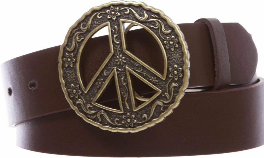 beltiscool 1 1/2" Snap On Belt With Round Perforated Floral Engraving Peace Sign Belt Buckle | Belts